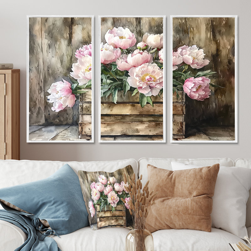 Pivoine campagnarde chic bouquet - art mural pivoines - ensemble de 3, H 28 po x l 36 po, Blanc