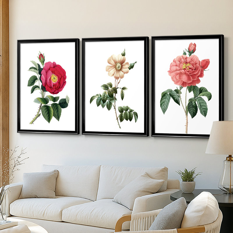 Botanical Beauty I - Toile tendue avec châssis sur mesure - 3 pièces, Noir, noir, noir, noir, H 30 po x l 63 po