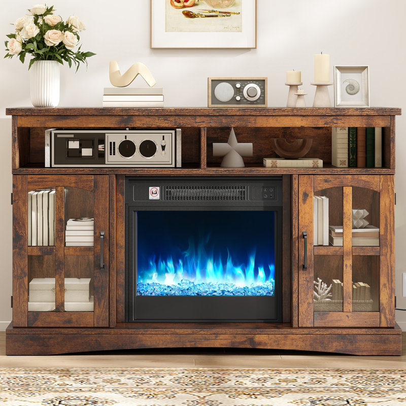 TV Stand Cabinet with 2000W Electric Fire, Suitable for TVs up to 50", 10 Flame Colours, Brown