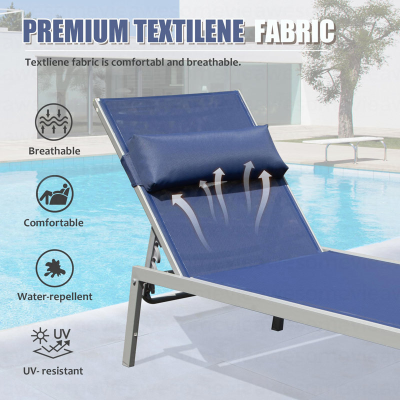 Patio Chaise Lounge Set Of 3, Aluminum Pool Lounge Chairs With Side Table, Outdoor Adjustable Recliner All Weather For Poolside, Beach, Yard, Balcony (Navy Blue)