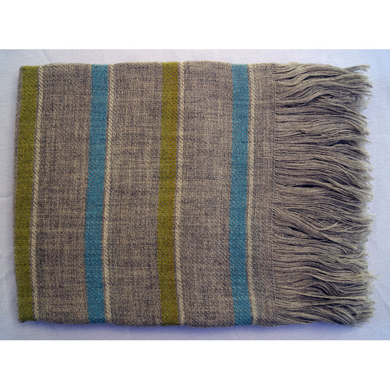  Jeté rayé en laine française, Bleu / vert citron