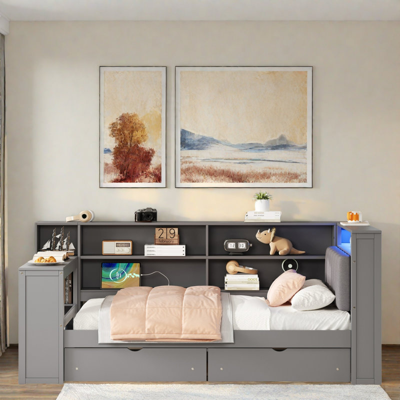 Wood Daybed With Storage Shelves, 2 Drawers, Charging Station, Led, Desk And Upholstered Headboard, Gray, Twin