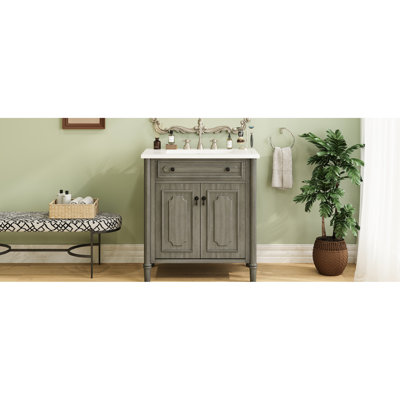Meuble-lavabo de style rétro de 31 po avec finition, cadre et tracas vieillis - Portes rétro à fermeture en douceur de 31 po, conception de tiroir, pieds en bois massif