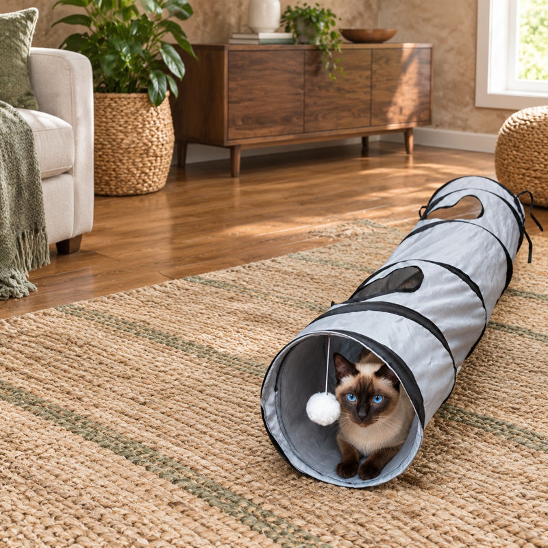 Un trou d'observation et une balle transforment ce tunnel d'intérieur pliable en un refuge pour chat.