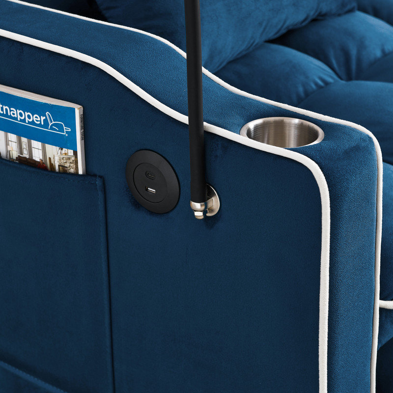 Canapé-lit de futon pliable - réglable, facile à assembler, avec support USB et téléphone, 2 coussins inclus, Bleu