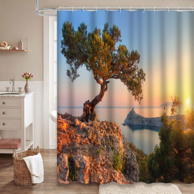 Amazing Tree Rock Sunset Colorful Landscape Shower Curtain with 12 Hooks