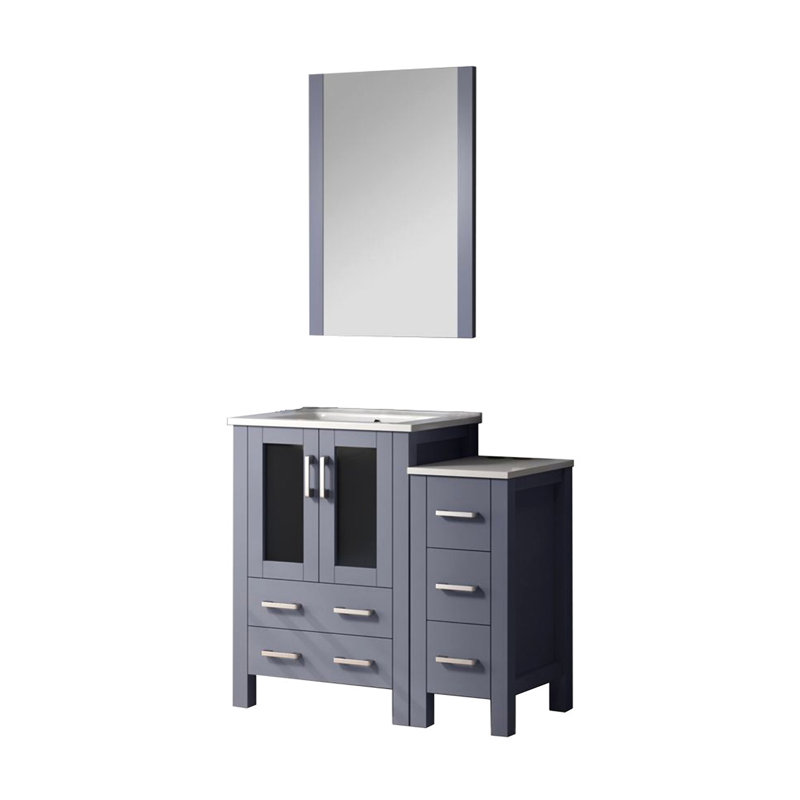 36 po W, meuble-lavabo gris foncé, armoire latérale, 22 miroirs, tiroirs à fermeture en douceur, meuble-lavabo large avec plateau en céramique blanc, tiroirs de rangement et de rangement