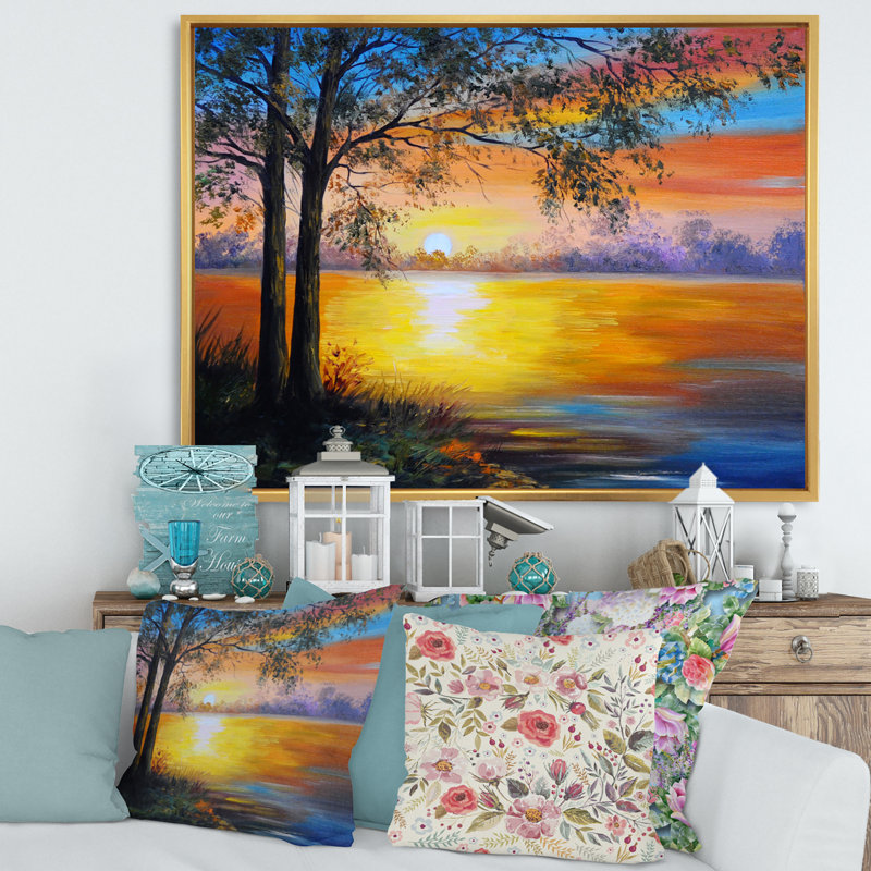Arbre du soir près du lac - Peinture sur toile, H 30 po x l 40 po x 1,5 po, Cadre flottant doré
