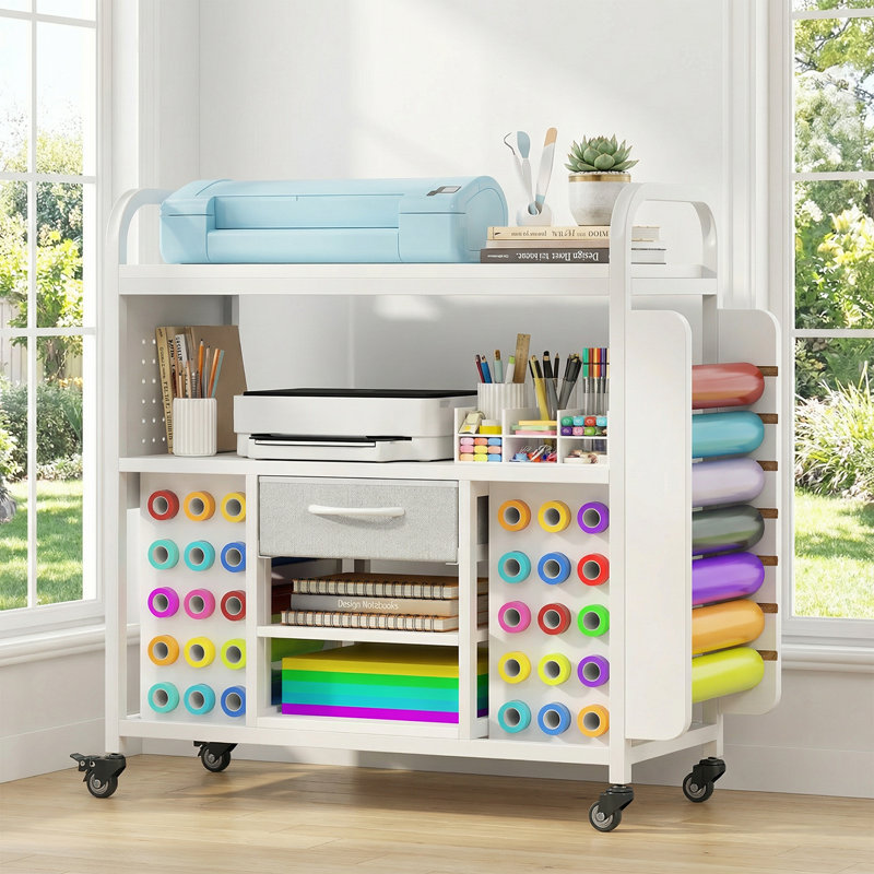 Chariot de rangement pour artisanat avec roues, poste de travail sur roulettes pour table de découpe, armoire d'artisanat avec porte-rouleau en vinyle, tiroirs, crochets, table de support pour artisanat