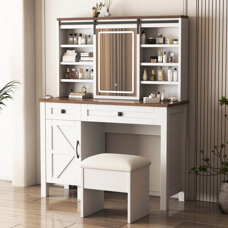 Coiffeuse de style avec tablettes spacieuses, lumières et séchoir à cheveux, bureau, miroir coulissant et rangement