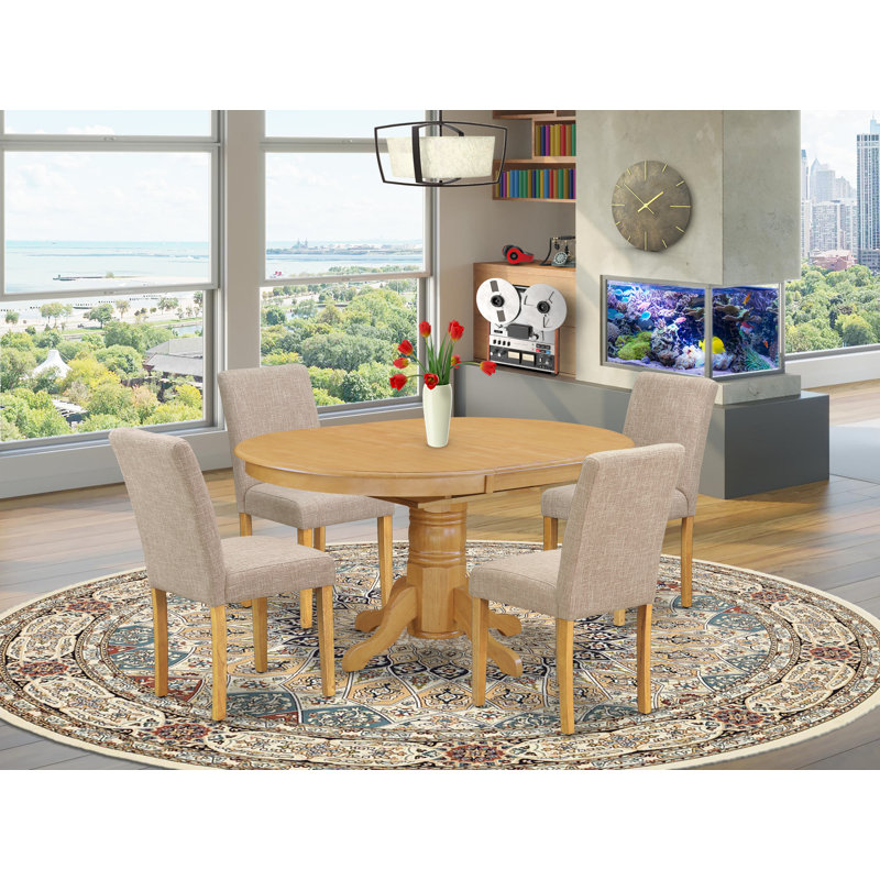 Ensemble de table de salle à manger 5 pièces comprenant une table de cuisine ovale avec rallonge papillon et 4 chaises de salle à manger Parson en tissu brun clair clair, 42 x 60 pouces, chêne