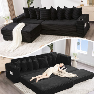 Modern 110.8" Corduroy Sectional Couch With Movable Stool, Cup Holders, 8 Cushions And Side Pocket For Family Footstool, Relaxation