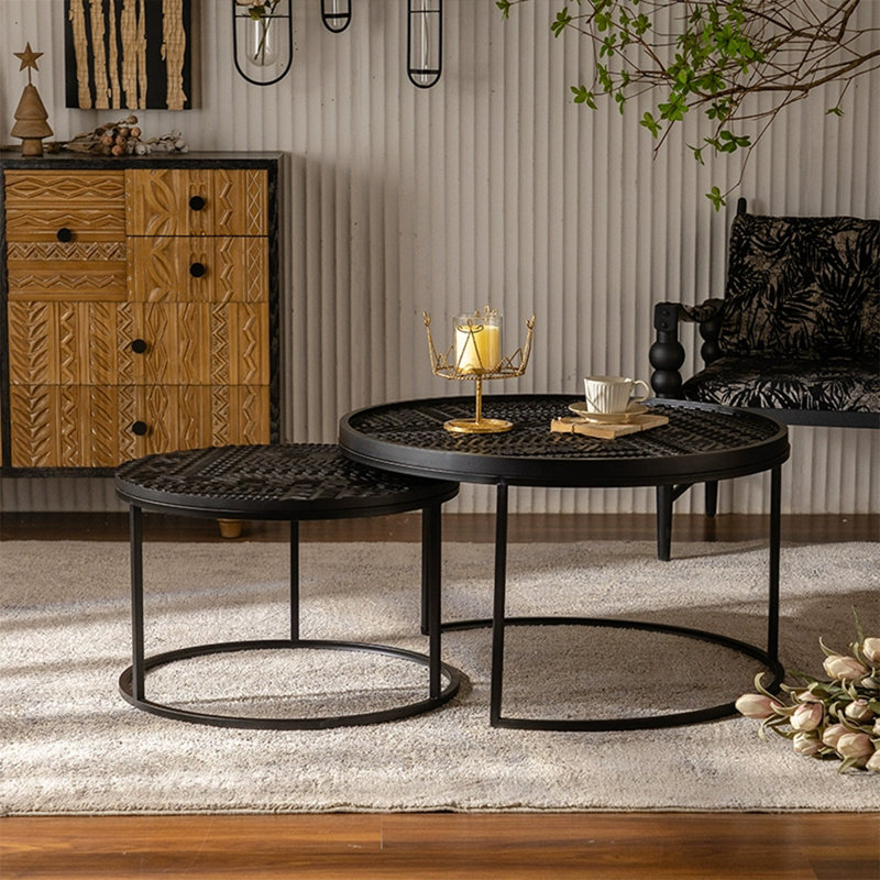 Ensemble de tables basses rondes en fer massif noir Retro