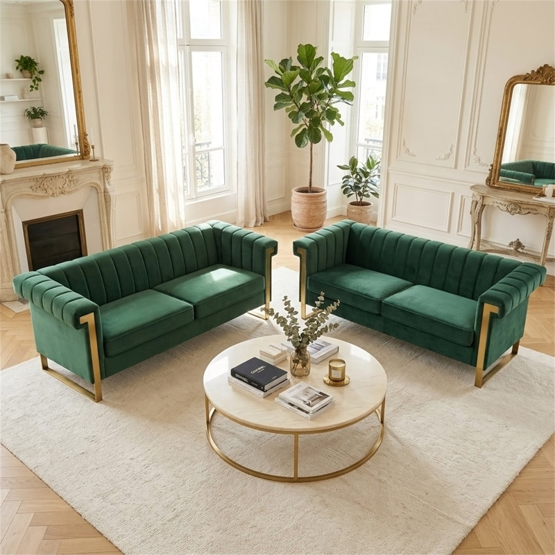 2PC-SOFA Emerald Green Velvet 2 Piece Sofa Set
