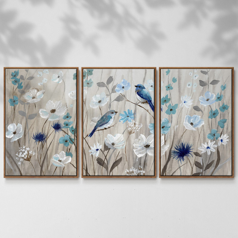 Oiseaux bleus au printemps, reproduction sur toile 3 pièces, H 40 po x l 78 po x P 2 po, Noyer