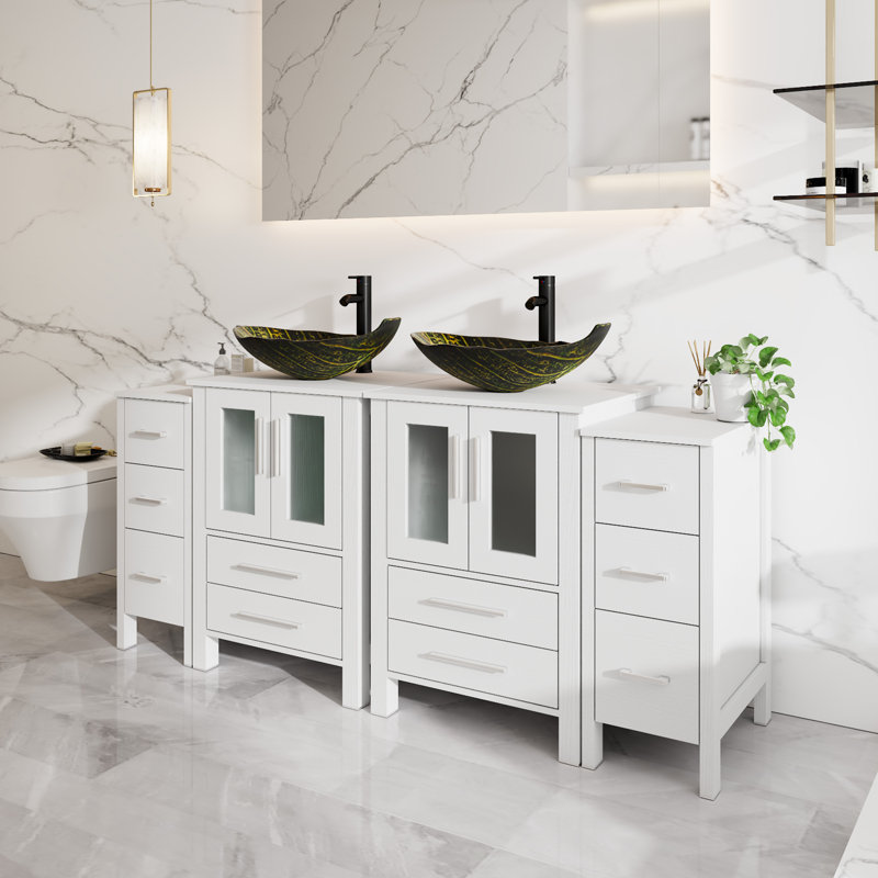 Ensemble de meuble-lavabo double 72 po avec robinet Veseel autoportant, robinet et bonde escamotable