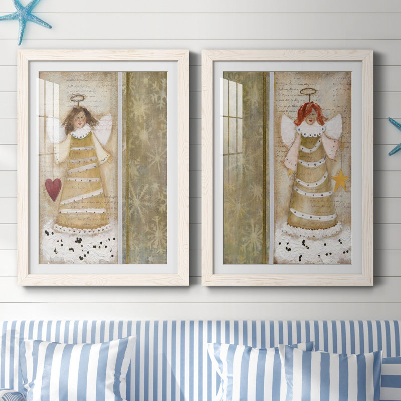 «Cloud Angel with Heart», ensemble de 2 peintures, H 31,5 po x l 47 po x P 1,5 po, Papier encadré blanc, Blanc