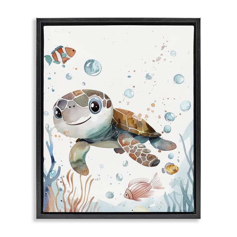  «Sourire bébé tortue», art mural encadré par Franklyn Gregory, H 21 po x l 17 po, Cadre flottant noir de jais