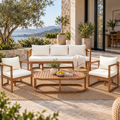Ensemble de canapé 4 pièces en bois d'acacia avec canapé 3 places, 2 fauteuils, table basse et coussins de 4,7 pouces