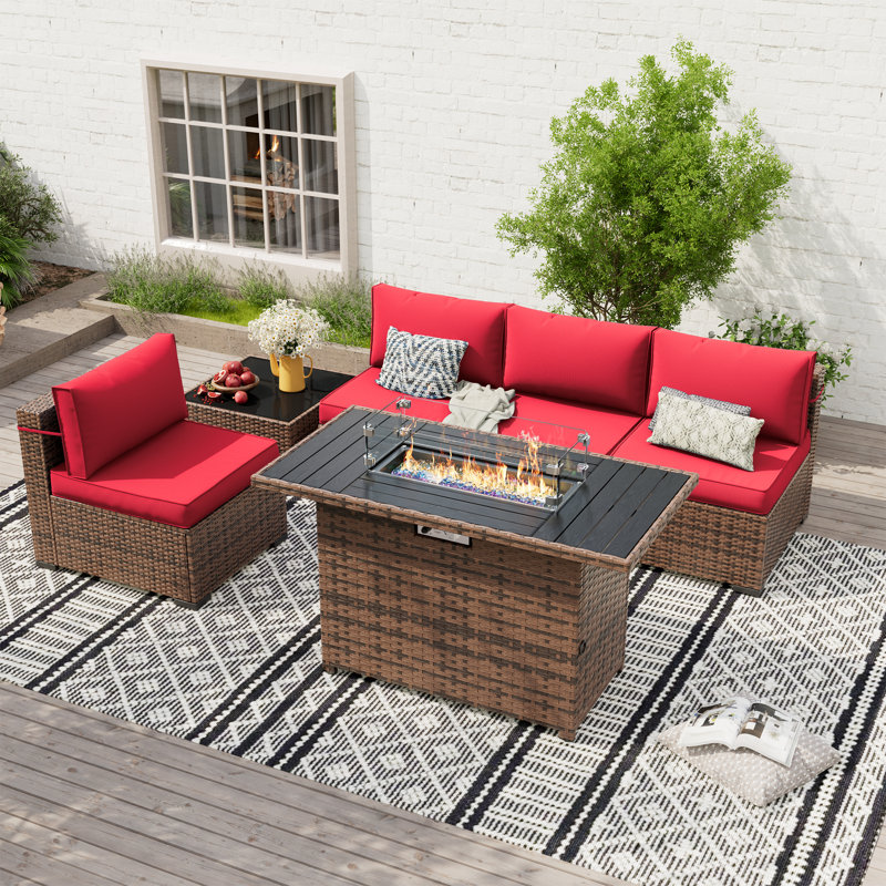 Rikuto 4-Person Conversation Sets With Supportive Back Cushions, Fire Pit Table, Coffee Table, Red