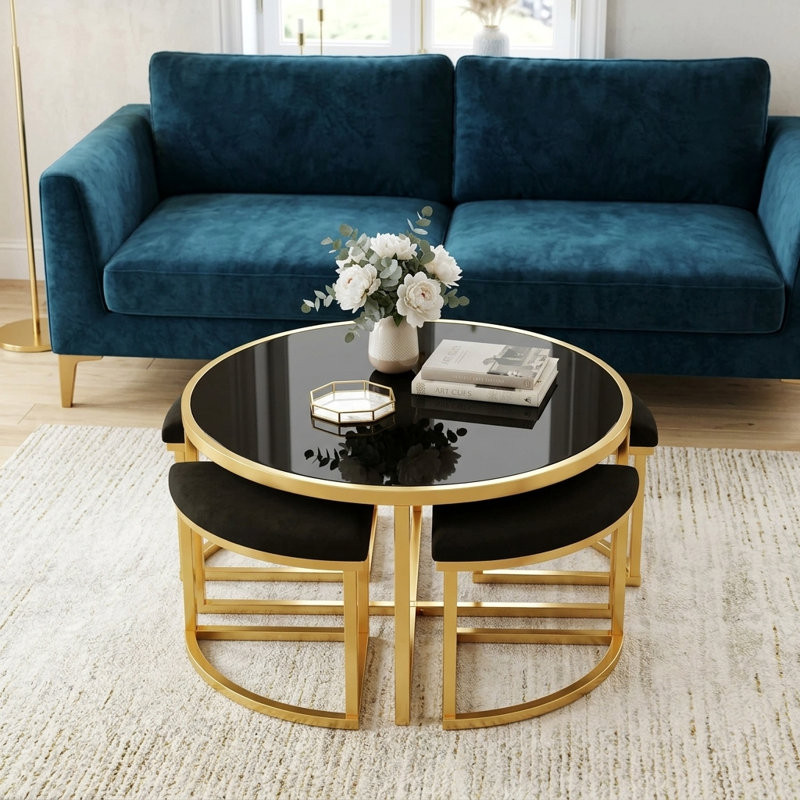 Ensemble de table basse ronde moderne avec tabourets gigognes et plateau en verre trempé