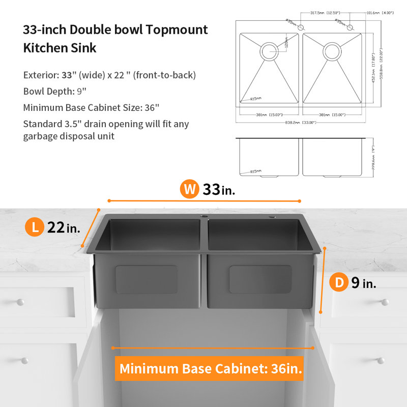 33'' L Double Bowl Stainless Steel Kitchen Sink