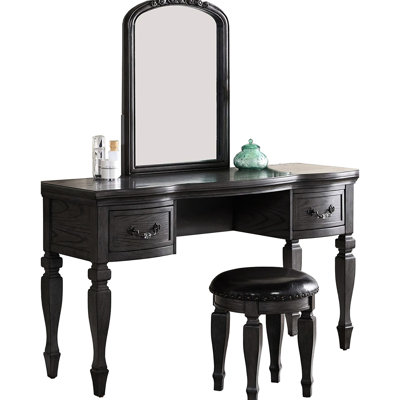 Ensemble de coiffeuse de chambre à coucher classique, miroir sculpté en bois, tabouret, tiroirs