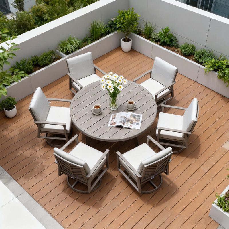  Amario Patio Round Aluminum Dining Set With Umbrella Hole And Sunbrella® Cushions For 6 Person