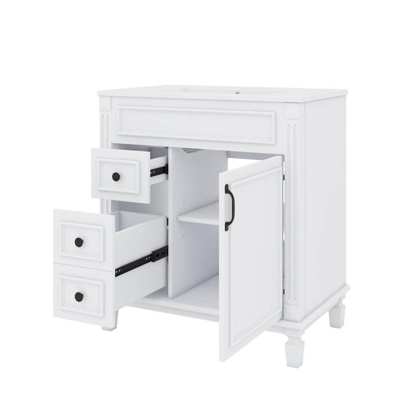 Meuble-lavabo moderne de 30 po avec lavabo, 2 tiroirs à gauche, tablette réglable et portes à fermeture douce, Blanc
