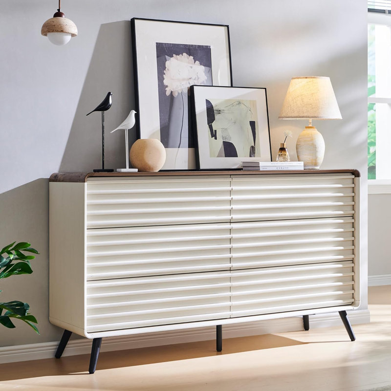 54 Inch Wide 6-Drawer Double Dresser, Mid-Century Modern Fluted Style, Wide Storage Chest for Bedroom & Living Room, White