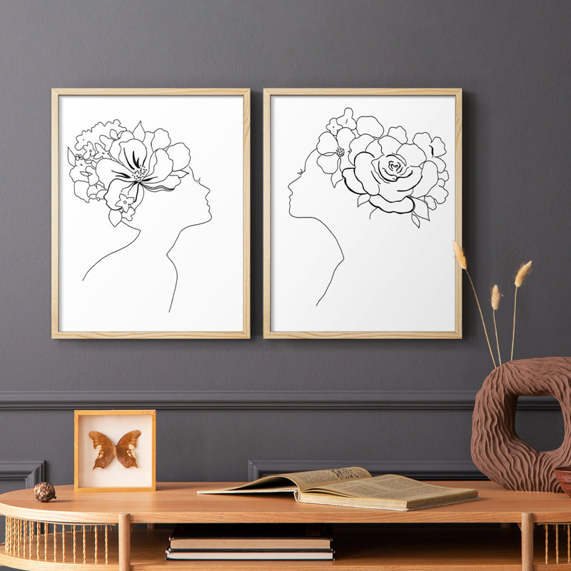 Croquis floral Fashion I - impression encadrée de qualité supérieure - prête à être accrochée - aucun clou requis - aucun clou requis