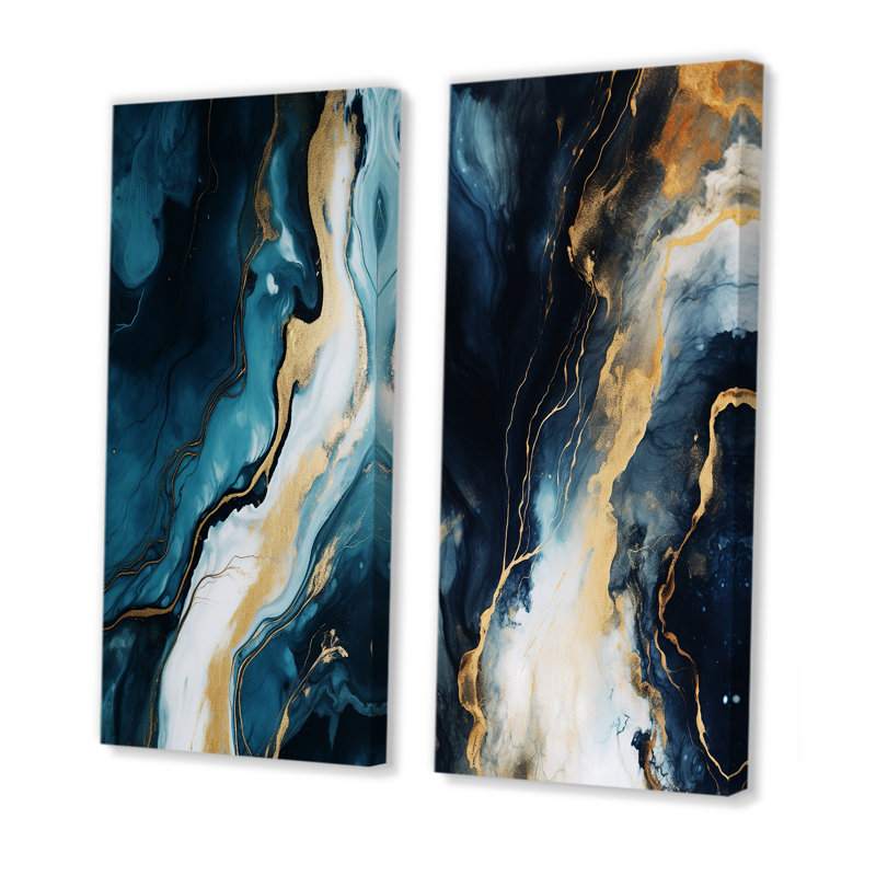 Or et bleu, peinture abstraite sur marbre I - ensemble de 2 reproductions d'art sur toile, Toile tendue, H 40 po x l 41 po