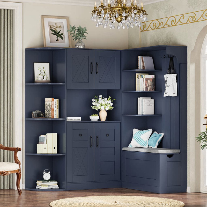 Armoire de vestibule multifonctionnelle 2-en-1 avec rangement et 4 crochets, Bleu antique