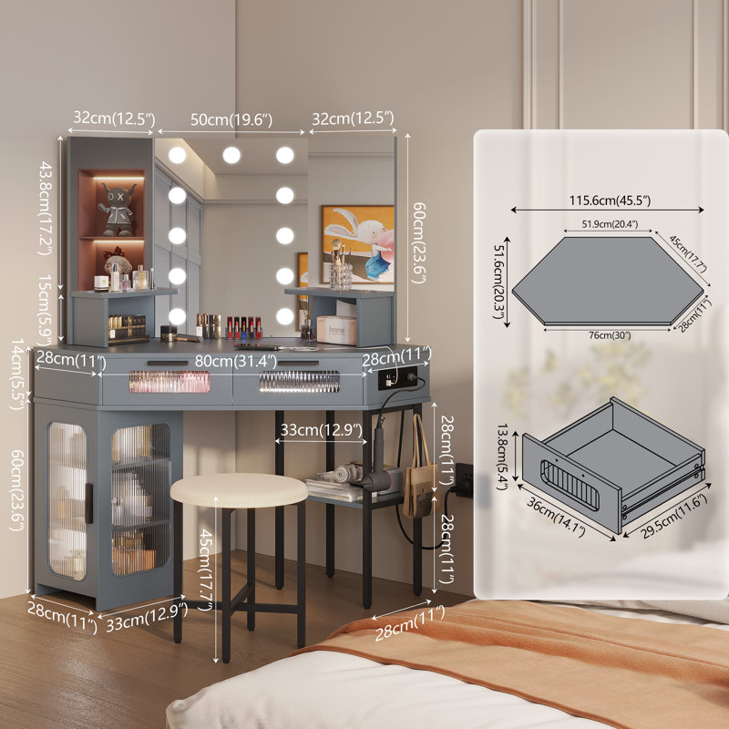 Dressing Table with Motion Sensor 3-colour lighting, Charging Socket, Storage Drawers and Stool, Grey