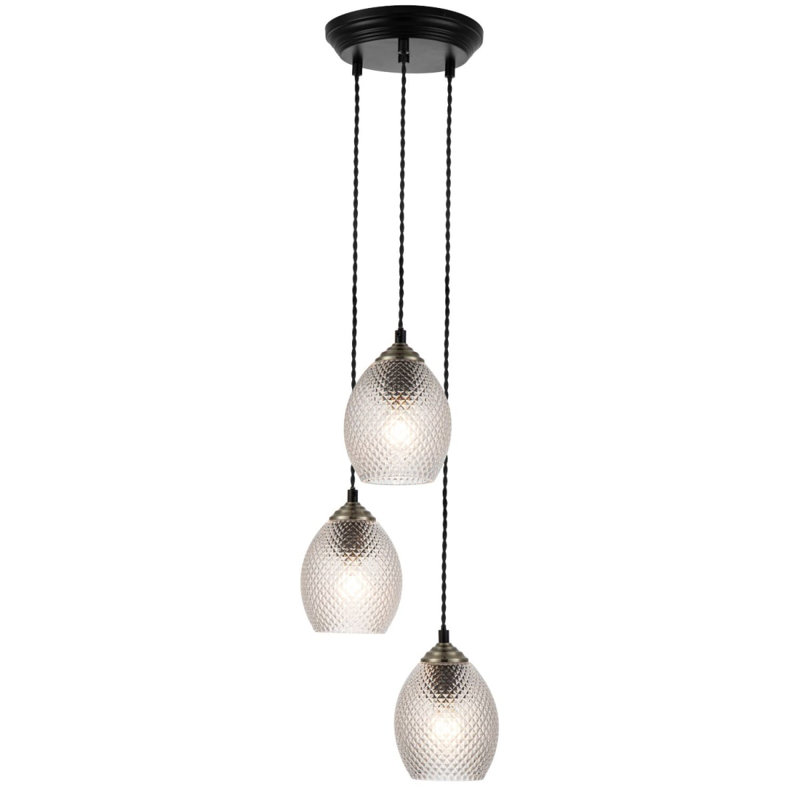 Lorne 3 Light Modern Faceted Glass Cluster Pendant Light - Matt Black Base, Black Twisted power cord, 21x21x100cm, 3xE27. Max. 15W LED (Bulb not included)