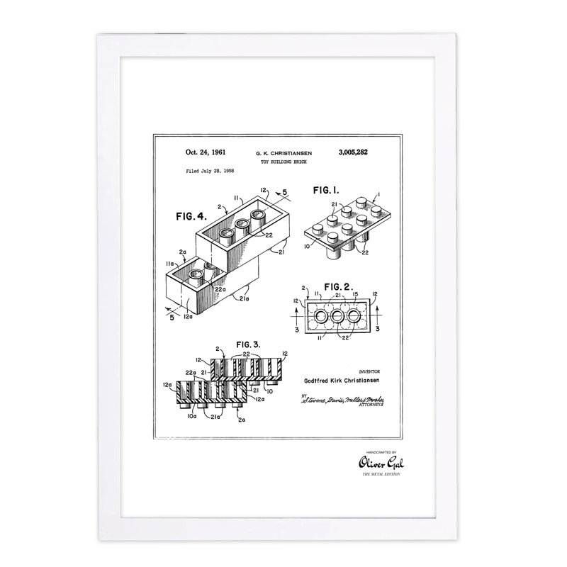 « lego jouets building brique 1961, argenté métallique », impression encadrée, H 13 po x l 19 po x P 0,75 po, Cadre blanc