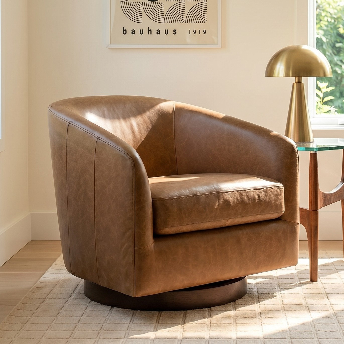 Bennett Genuine Leather Swivel Barrel Chair, Marseille Brown Genuine Leather