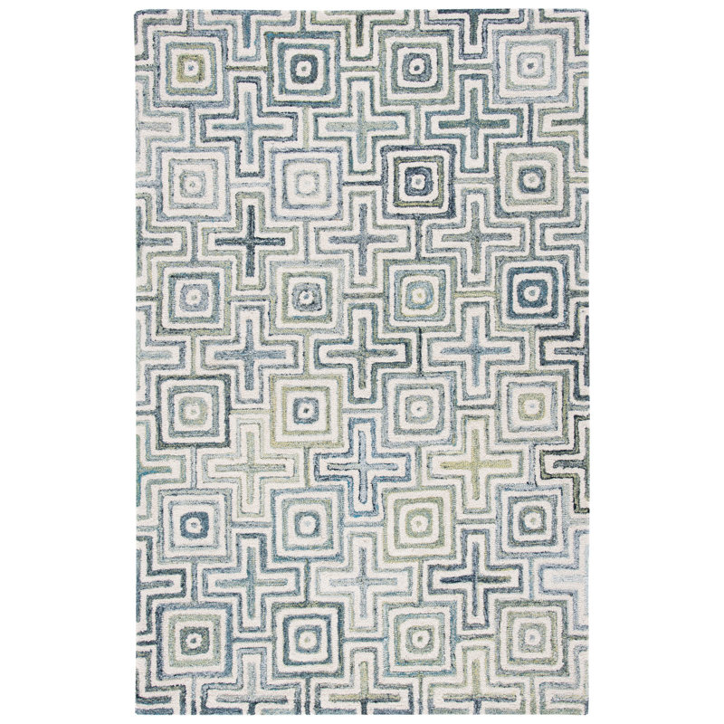 Gladies Geometric Handmade Tufted Ivory/Blue Area Rug, Rectangle 6' x 9'