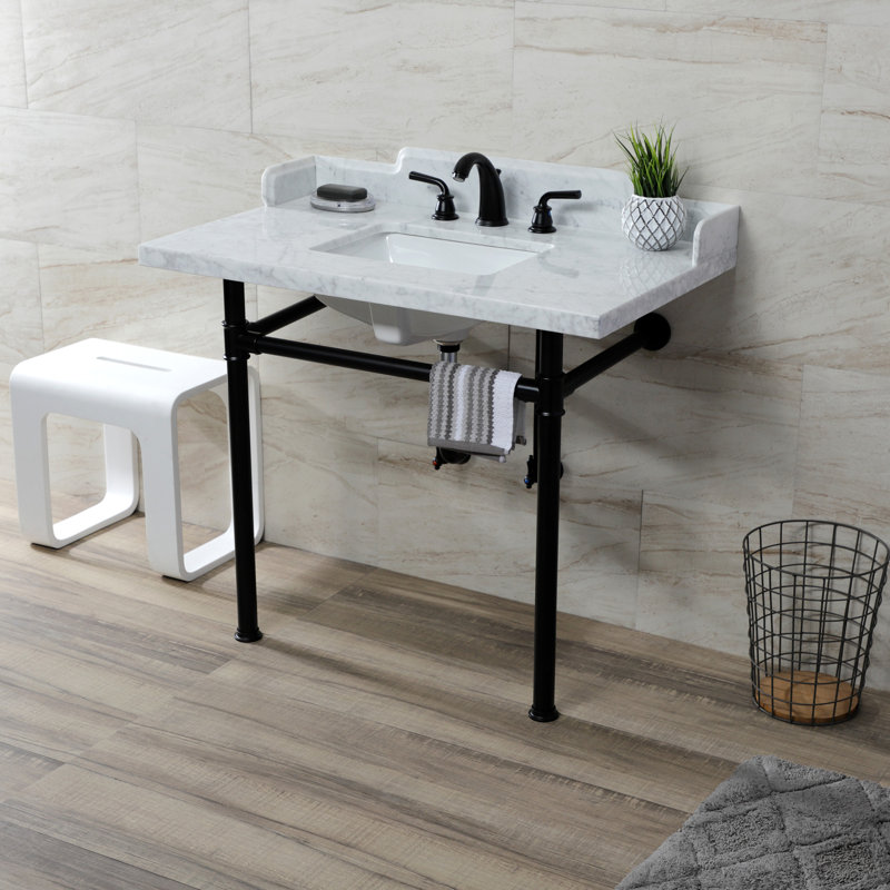 Kingston Brass Wesselman 36-Inch Carrara Marble Console Sink with Stainless Steel Legs (8-Inch, 3-Hole), White/Black
