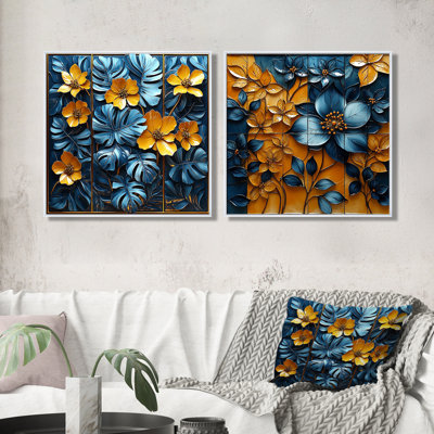 Or et bleu Amazonian Echoes Palms I - art mural palmiers et palmiers - décoration murale traditionnelle 2 pièces