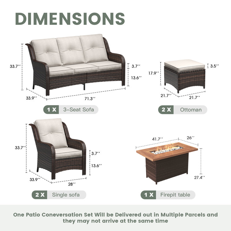 5-Person Patio Wicker Sofa Fire Pit Conversation set with Cushions, 3 Seats Sofa, 2 Armrest Chairs and Ottomans, Sand, Brown