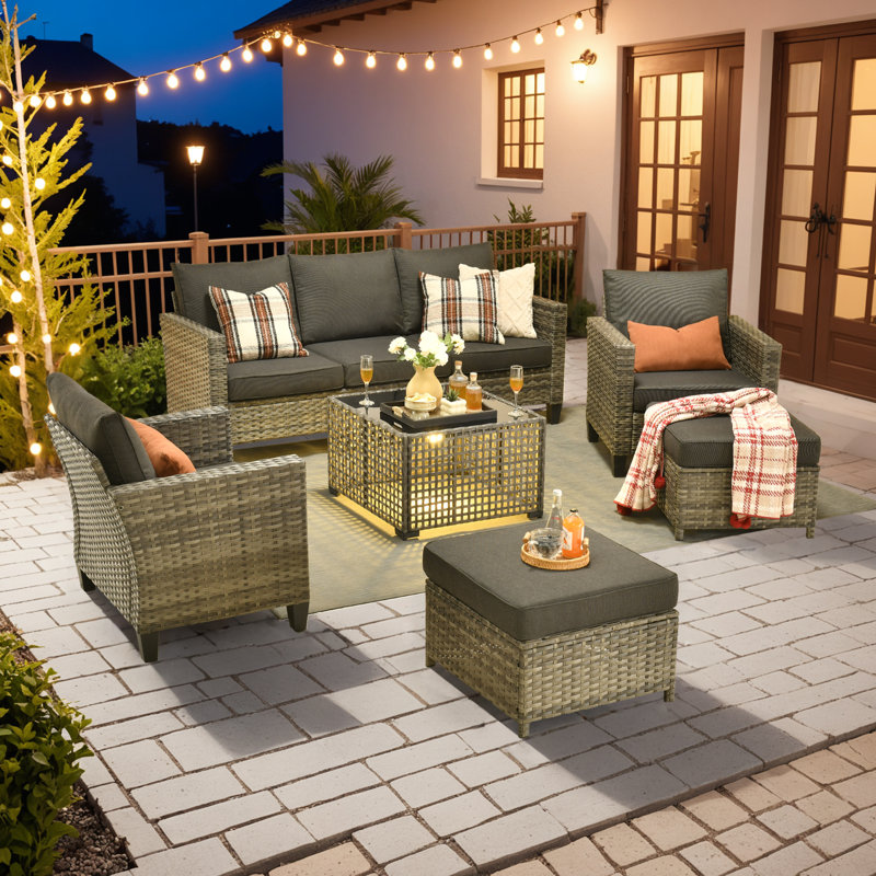 Ensemble de mobilier d'extérieur en osier de patio, ensemble de chaise d'invité en rotin 6 pièces, table basse avec lampe, ensemble de canapé résistant aux intempéries