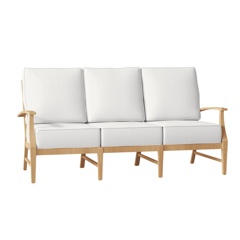 Croquet 75.75" Wide Outdoor Teak Patio Sofa with Cushions, Natural Teak, Rollo Silver InsideOut® Linen, Welt