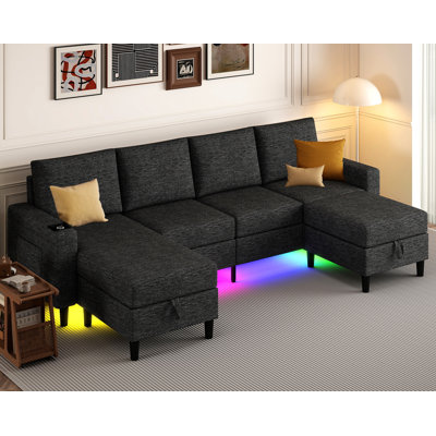 109" Sectional Couches For Living Room, 4 Seat Sectional Sofa With Rgb Light/wireless Charging/usb/type-c