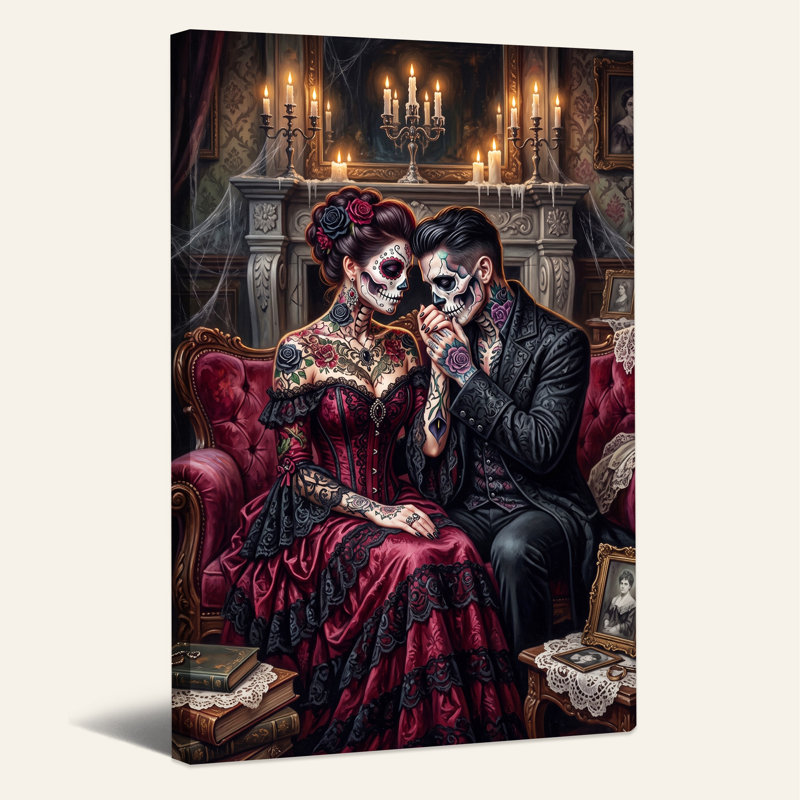 Art mural sur toile, Couple avec des crânes en sucre, 24"H x 16"W