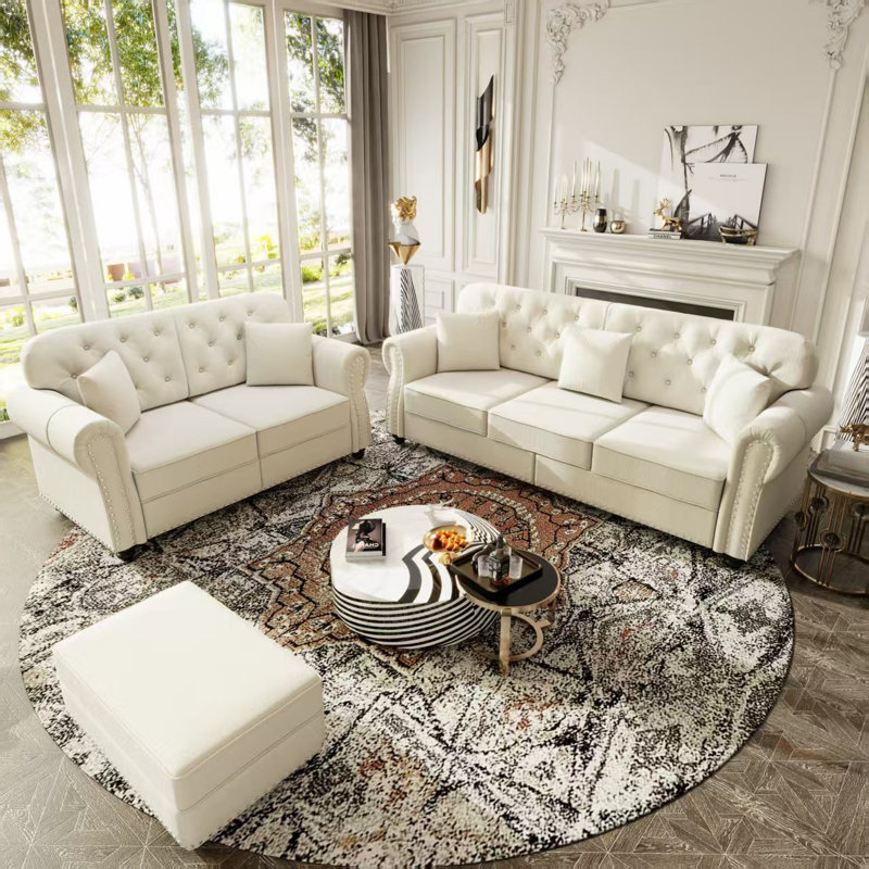 Ensemble de causeuse en velours et canapé 3 places Mid-Century Chesterfield 3 pièces avec repose-pieds, Beige