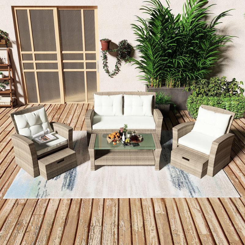 Ensemble de conversation en rotin 4 pièces avec repose-pieds et coussins, Beige