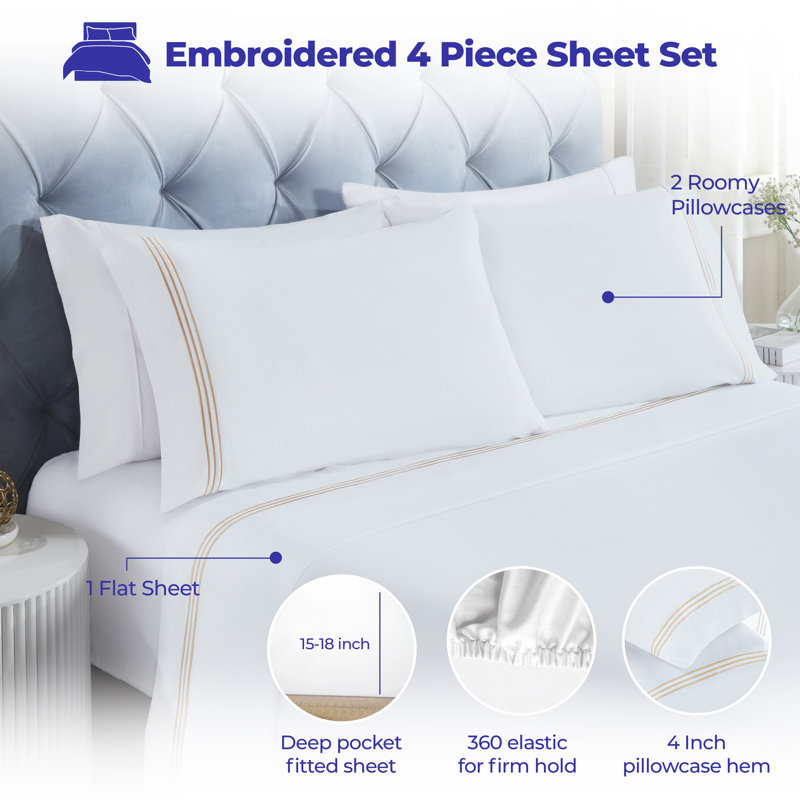Brandon Cotton Three-Line Embroidered Deep Pocket Bed Sheet Set by Superior, White/Gold, King Sheet Set with 2 Pillowcases