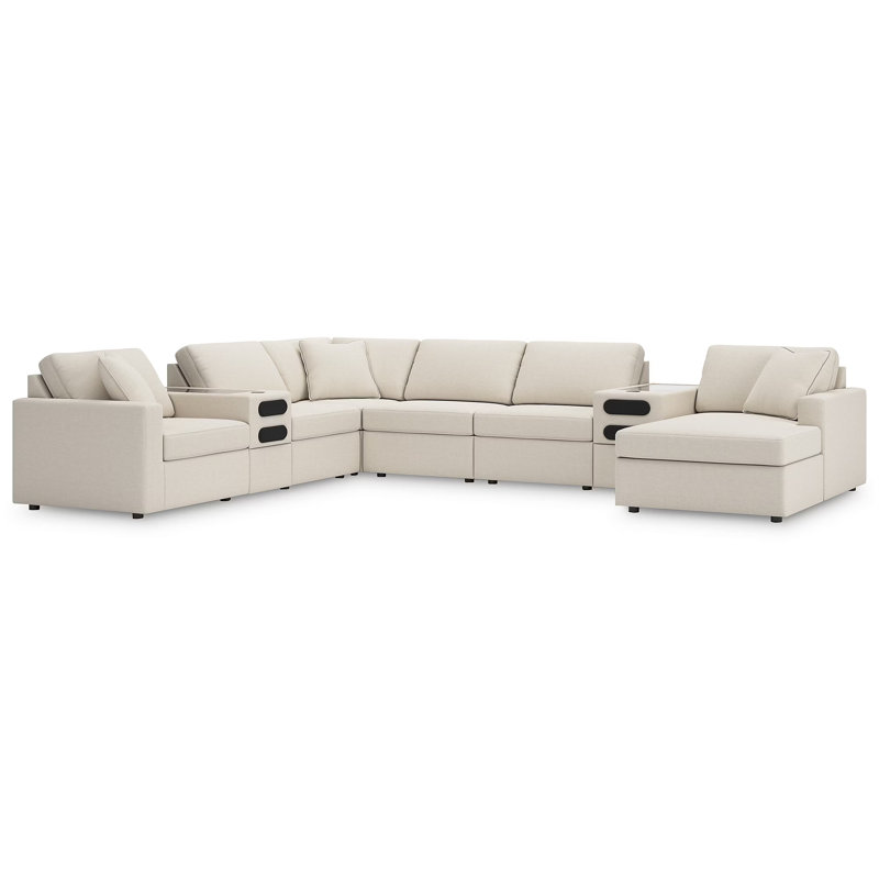 Canapé modulaire 8 pièces Braintree avec méridienne et consoles audio, Polyester beige, Orienté à gauche (vu de face)