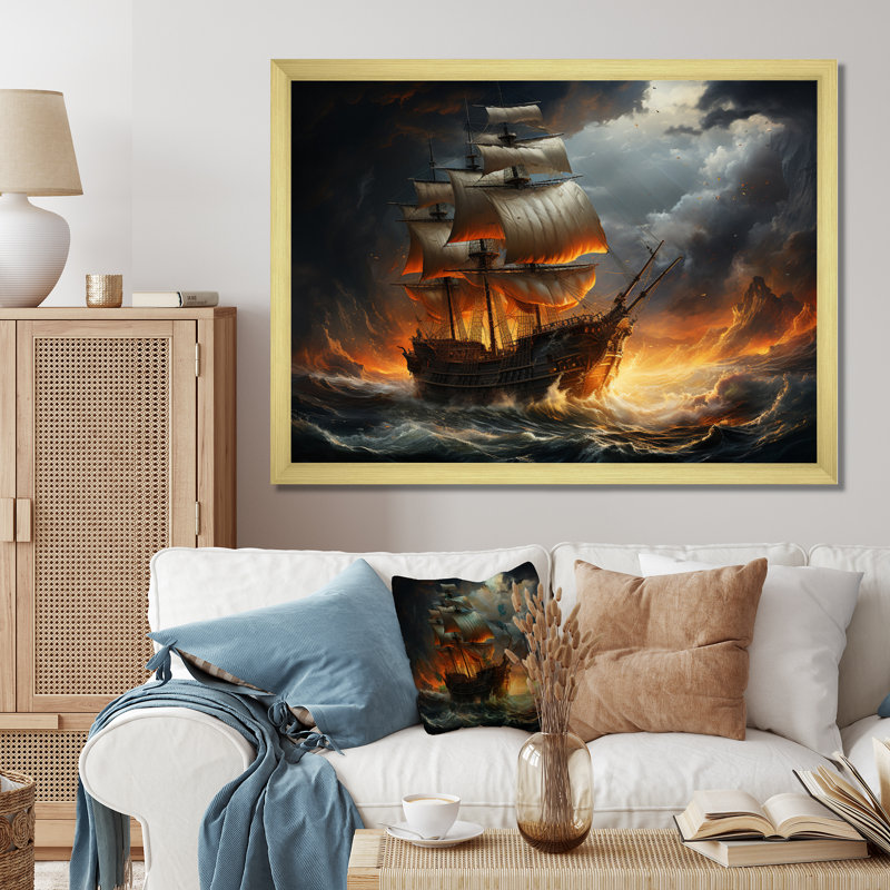 «Stormy Seas», art mural pirate, Cadre doré simple, H 16 po x l 32 po x P 1 po